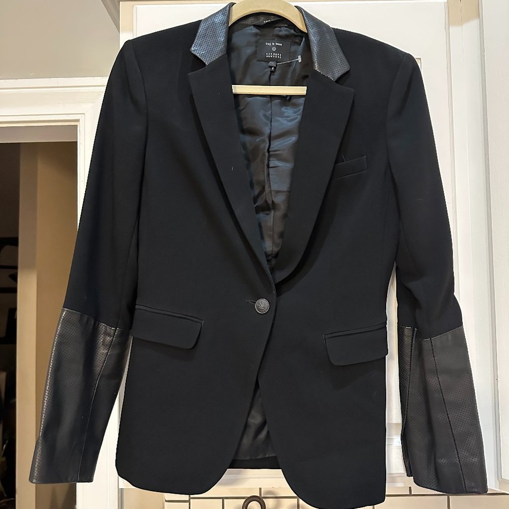 Rag & Bone Timeless Barney's New York Black Blazer with Leather Cuffs Collar 4